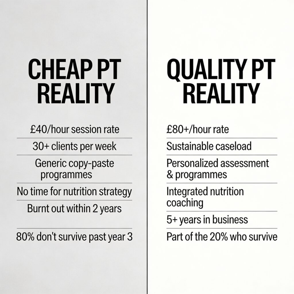 Side-by-side comparison image contrasting "cheap PT reality" (rushed sessions, copied programmes, burnt-out trainer) vs "quality PT reality" (sustainable business, personalised attention, experienced coach).