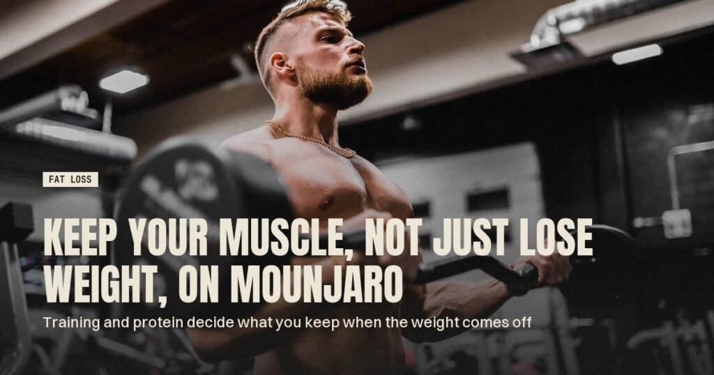 Man lifting a dumbbell in a gym, resistance training to keep muscle while losing weight on Mounjaro